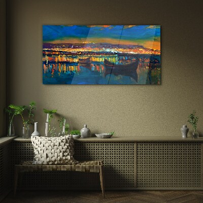 The bay in the glow of sunset Glass art print
