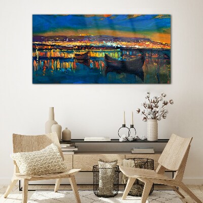 The bay in the glow of sunset Glass art print