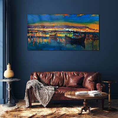 The bay in the glow of sunset Glass art print