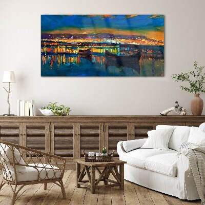 The bay in the glow of sunset Glass art print