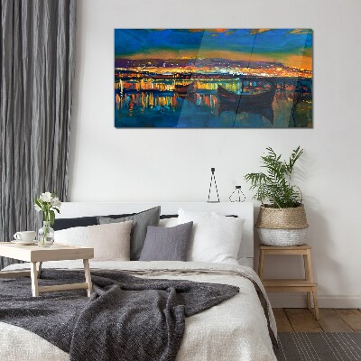 The bay in the glow of sunset Glass art print