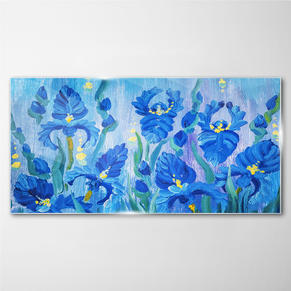 Blue irises against the blue background Wall art on glass