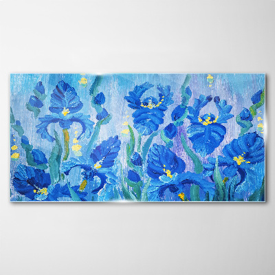 Blue irises against the blue background Wall art on glass