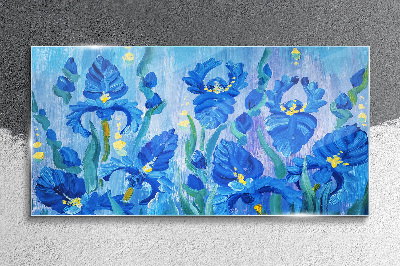 Blue irises against the blue background Wall art on glass