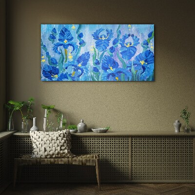 Blue irises against the blue background Wall art on glass