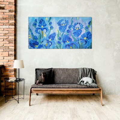 Blue irises against the blue background Wall art on glass