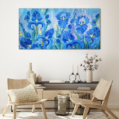 Blue irises against the blue background Wall art on glass