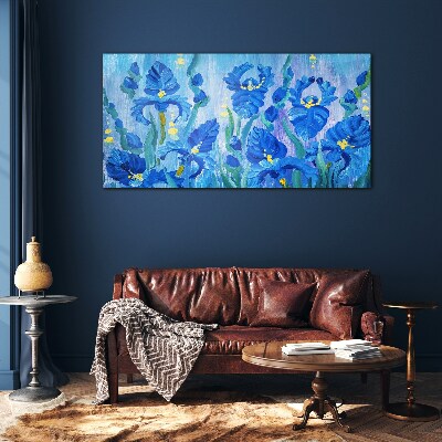 Blue irises against the blue background Wall art on glass