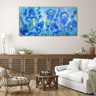 Blue irises against the blue background Wall art on glass