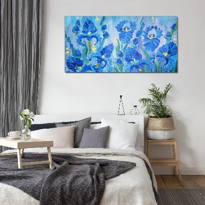 Blue irises against the blue background Wall art on glass