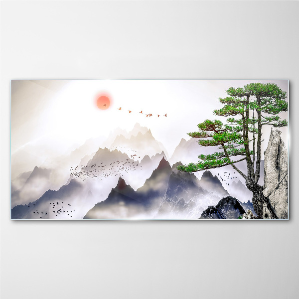 Mountains and birds in the morning light Wall art on glass