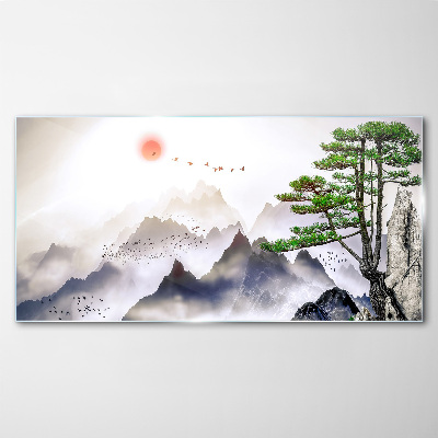 Mountains and birds in the morning light Wall art on glass