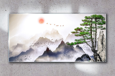 Mountains and birds in the morning light Wall art on glass