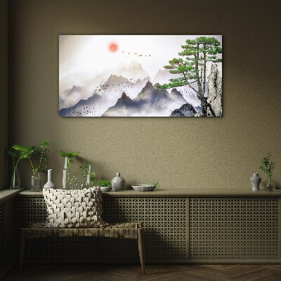 Mountains and birds in the morning light Wall art on glass