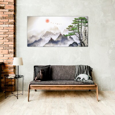 Mountains and birds in the morning light Wall art on glass
