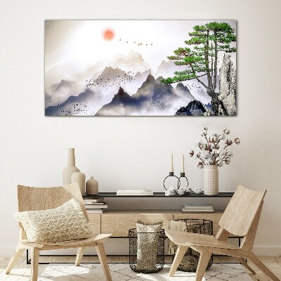 Mountains and birds in the morning light Wall art on glass