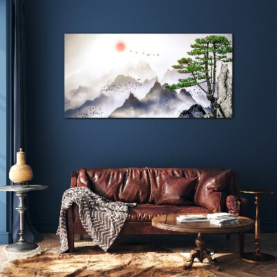 Mountains and birds in the morning light Wall art on glass