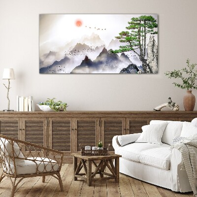 Mountains and birds in the morning light Wall art on glass