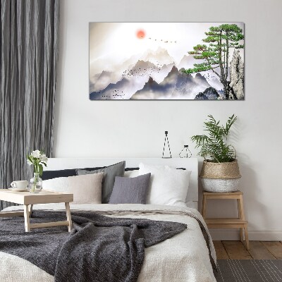 Mountains and birds in the morning light Wall art on glass