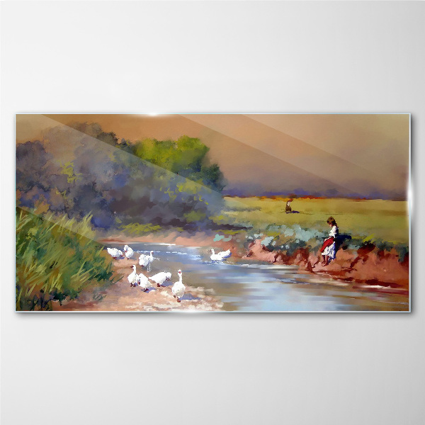 A peaceful landscape with ducks by the river Glass art print