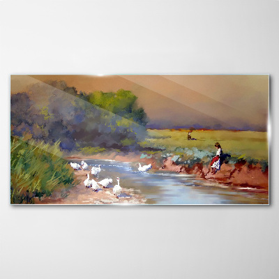 A peaceful landscape with ducks by the river Glass art print