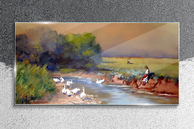 A peaceful landscape with ducks by the river Glass art print