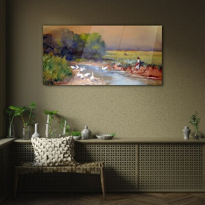 A peaceful landscape with ducks by the river Glass art print