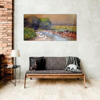 A peaceful landscape with ducks by the river Glass art print