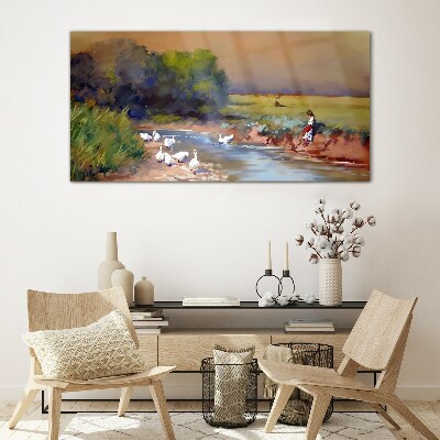 A peaceful landscape with ducks by the river Glass art print