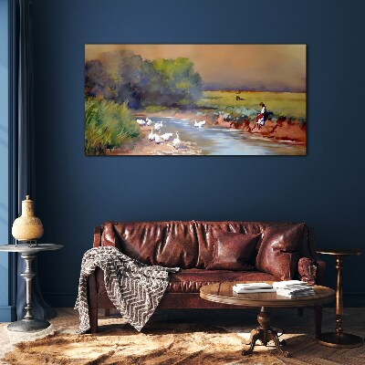A peaceful landscape with ducks by the river Glass art print