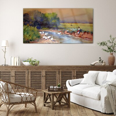 A peaceful landscape with ducks by the river Glass art print