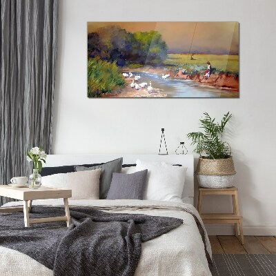 A peaceful landscape with ducks by the river Glass art print