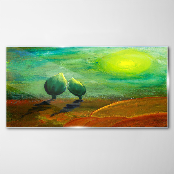 Green trees in the sunlight Glass art print