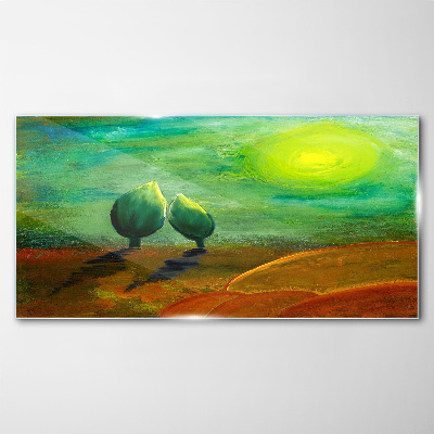 Green trees in the sunlight Glass art print
