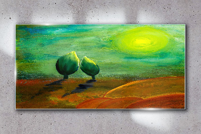 Green trees in the sunlight Glass art print