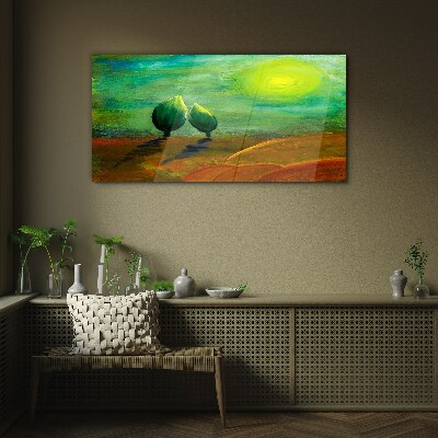 Green trees in the sunlight Glass art print