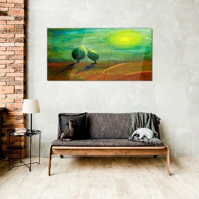 Green trees in the sunlight Glass art print