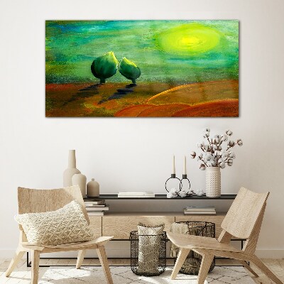 Green trees in the sunlight Glass art print