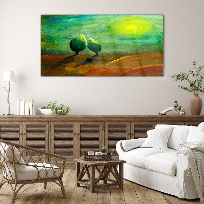 Green trees in the sunlight Glass art print