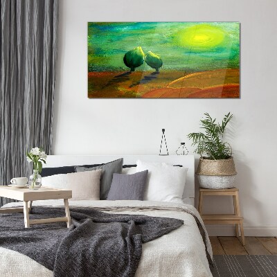 Green trees in the sunlight Glass art print