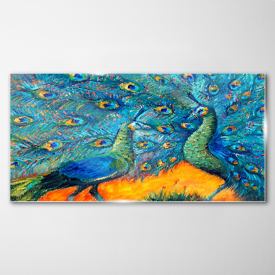 Dancing peacocks in a colorful display Glass art print