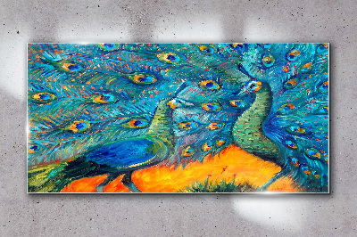Dancing peacocks in a colorful display Glass art print