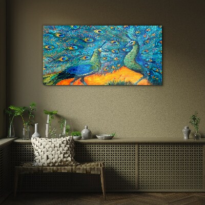 Dancing peacocks in a colorful display Glass art print