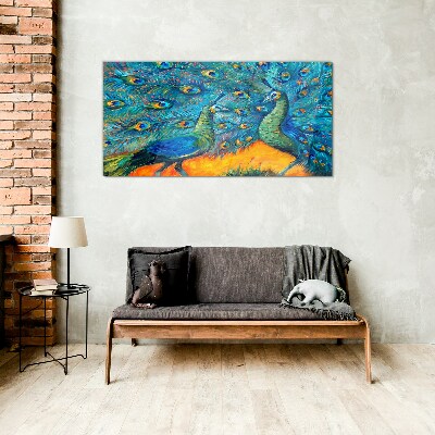Dancing peacocks in a colorful display Glass art print