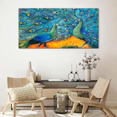 Dancing peacocks in a colorful display Glass art print