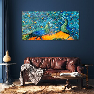 Dancing peacocks in a colorful display Glass art print