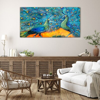 Dancing peacocks in a colorful display Glass art print
