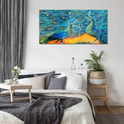 Dancing peacocks in a colorful display Glass art print