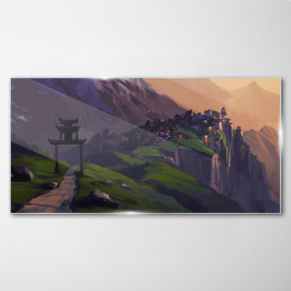 Misty mountain landscape with a pagoda Wall art on glass