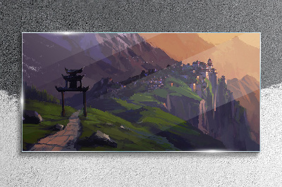 Misty mountain landscape with a pagoda Wall art on glass